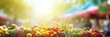 Vibrant farmers market with blurred bokeh background featuring fresh fruits and colorful beverages