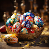 Fototapeta Storczyk - photograph of hand painted easter eggs placed in a wicker basket. Image created by AI