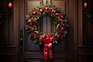 Wall Mural - A festive wreath hanging on a door, adorned with vibrant red ribbons and pinecones, welcoming guests to a home filled with holiday cheer. Generative Ai.