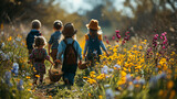 Fototapeta  - Kinder suchen Ostereier auf einer Frühlingswiese. 