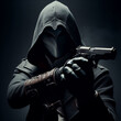 A unidentified masked man wearing assassin creed outfit aiming the pistol close up shot