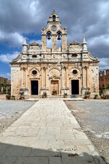 Poster - Facade and belfry of the historic church of the Orthodox monastery Moni Arcadia on the island of Crete