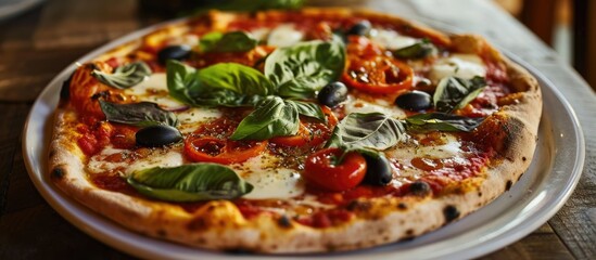 Wall Mural - Best Neapolitan Pizza topped with Mozzarella, tomato, basil, and olives, on Marguerita dish.