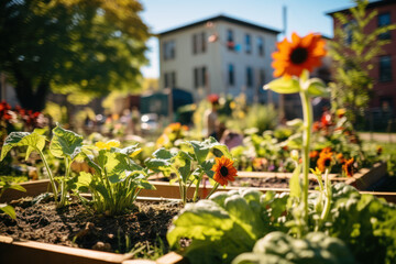 Wall Mural - a scene of a community garden where residents work collaboratively to address food insecurity, refle