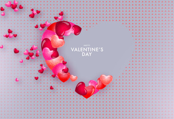Wall Mural - Happy Valentines Day card. Modern design with 3d hearts, pattern and grey background. Valentine's day concept for celebration, ads, branding, banner, cover template, label, poster, sales.
