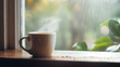 雨の日の窓辺でテーブルに置かれた温かいコーヒー・コーヒーカップ

