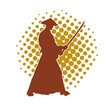Silhouette of a sword warrior in action pose. Silhouette of a martial art person carrying sword weapon. Silhouette of kendo martial art pose.