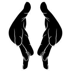 Two stretched forward human hands with open fingers in dynamic release gesture. Cartoon style. Black and white silhouette. Front view. 