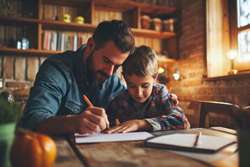 Wall Mural - father helping his child to do homework at home