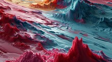 A Highly Detailed Digital Art Piece Depicts A Mountain Covered In Swirling Red And Blue Paint, Creating A Turbulent Alien Landscape.