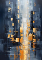 Wall Mural - an abstract illustration of a city in gold metallic paint with blue background.