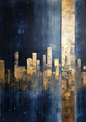 Wall Mural - an abstract illustration of a city in gold metallic paint with blue background.