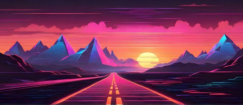 neon road with sunset in the mountains
