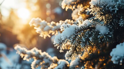 Charming winter scene of a beautiful natural landscape with close-up pine tree branches 
covered in snow.