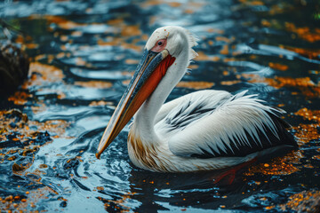 Pelican bird in the dirty polluted water. Environmental pollution concept