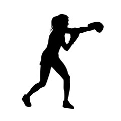 Wall Mural - Silhouette of woman boxing athlete in action pose. Silhouette of a female wearing boxing gloves for boxing sport.