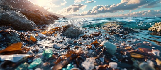 Wall Mural - 3D image showing plastic pollution in the ocean, created using a neural network.