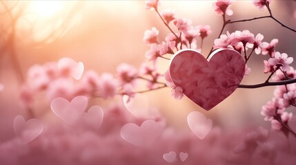Wall Mural - sakura love tree branches with hearts. empty space abstract valentine's day background.