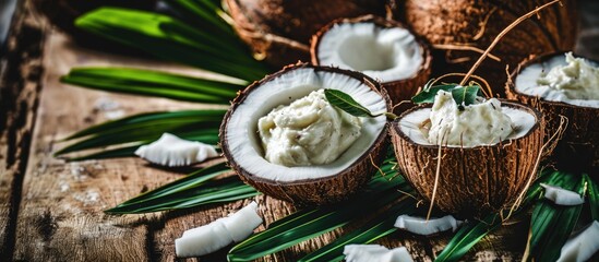 Canvas Print - Coconut butter, fresh coconuts, palm leaf, wooden background. Vegan and healthy food.