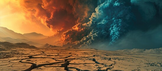 Poster - Orange and blue smoke emitted at night, caused by air pollution from PM2.5 dust, pollutes the atmosphere. Dry desert landscape with cracked ground in the foreground, with a global warming backdrop. 3D