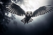 foggy monotone portrait of an owl in flight