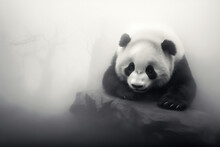 Foggy Black And White Portrait Of A Panda Resting On A Rock