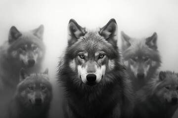 Wall Mural - foggy black and white portrait of a wolf pack