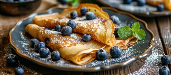 Wall Mural - Blueberry crepes with powdered sugar on table for recipe.