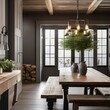 A rustic farmhouse-style dining room with a reclaimed wood table and benches1