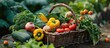 Assorted organic veggies in garden in wicker basket.