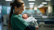 A nurse cradling a day-old infant in her arms, the tender moment captured in a modern hospital setting, the nurse's genuine emotions of nurture and care evident in her expression