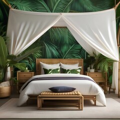 Wall Mural - A tropical-themed bedroom with palm leaf prints, bamboo furniture, and a canopy bed1