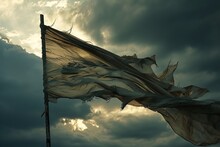 Tattered Flag Against Stormy Skies Symbolizing Endurance And The Ravages Of Time And Conflict.

