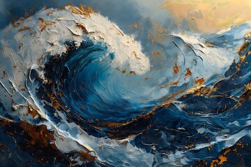 large wave breaking ocean gold blue swirling harmony album highly turbulent ultramarine