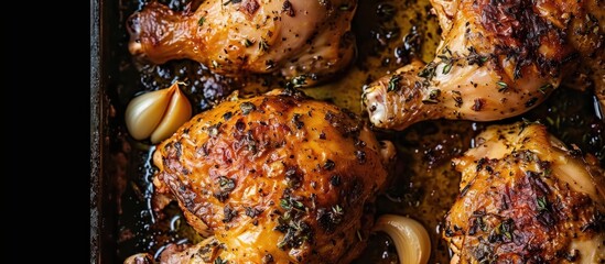 Wall Mural - French food: Baked chicken with lots of garlic, close-up from above.