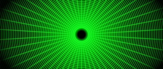 Wall Mural - Green glowing wireframe tunnel. Neon wormhole in dark space. Grid tunnel in perspective. Funnel or portal illusion. Circular mesh structure tube. Vector optical illusion art