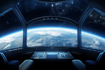 Wall Mural - earth view from space ship, view from inside space station looking at the earth and the moon