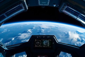 Wall Mural - earth view from space ship, view from inside space station looking at the earth and the moon