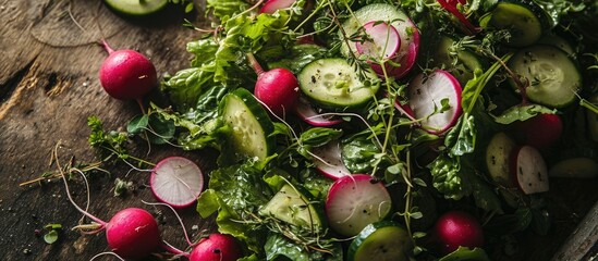 Wall Mural - A view from the top of a fresh salad with cucumbers, radishes, and herbs.