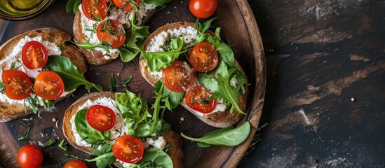 Poster - Italian bruschetta with ricotta, lettuce, cherry tomatoes, top view.