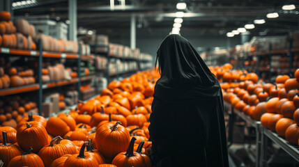 Devil in black cloak work with Pumpkins with halloween scary face on conveyor belt line, Distribution warehouse decorated with halloween props. E - commerce and storage of pumpkins.