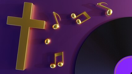 Wall Mural - The gospel vinyl record, adorned with a golden cross and music notes, rendered in 3D.