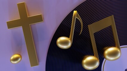 Sticker - The gospel vinyl record, adorned with a golden cross and music notes, rendered in 3D.