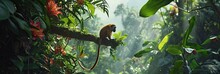 A Cheeky Monkey  Standing In The Rainforest Canopy Background - Surrounded By Exotic Flowers And Lush Green Foliage - Beautiful Monkey Wallpaper Created With Generative AI Technology