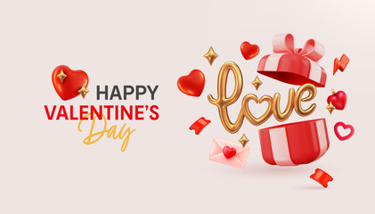 Wall Mural - Valentine's day banner template with realistic gifts boxes.Open gift with 3d golden text Love and red heart.Holiday banner,poster or flyer for Valentine's day.Greetings and presents for love concept.