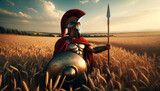 Fototapeta  - A Spartan soldier stands with a spear and shield in a field, the Spartans became one of the most feared and formidable military forces in the Greek world