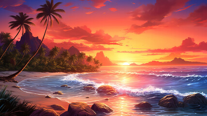 Wall Mural - Beautiful tropical beach sea and ocean with coconut palm tree at sunrise time