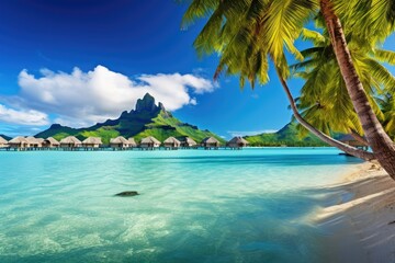 Wall Mural - Tropical island with water bungalows and coconut palm trees, Luxury overwater villas with coconut palm trees, a blue lagoon, and a white sandy beach at Bora Bora island, Tahiti, AI Generated