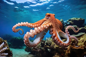 Octopus on the seabed in the blue water of the ocean, Octopus gracefully swimming on the sandy bottom of a tropical coral reef, AI Generated