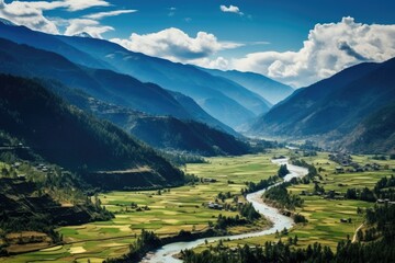 Wall Mural - Terraced rice field in Yunnan, China. Yunnan is one of the most important cities in the world, Panorama top view of Paro Valley landscape, Bhutan, AI Generated